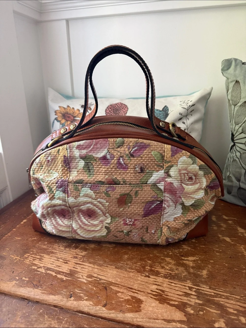Patricia Nash Straw Dome Satchel Crackled Rose